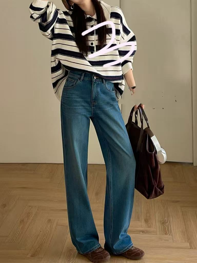 SU【900】代 A9  愫思 加绒直筒女冬款蓝色黑色弹力窄版拖地阔腿裤