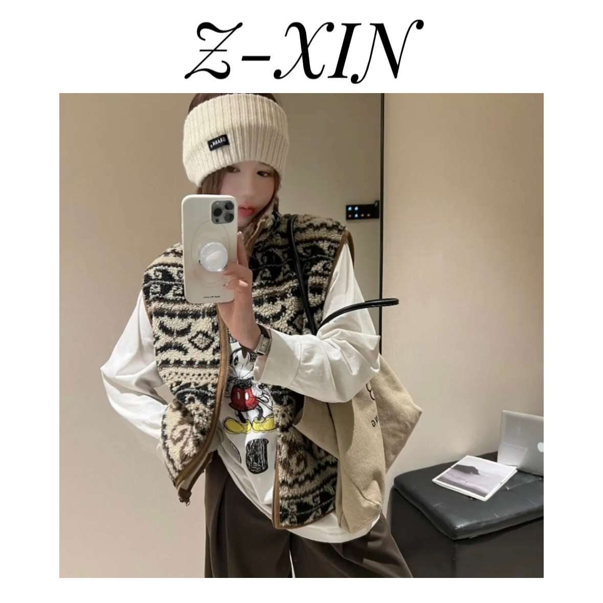 Z-XIN费尔岛韩版高领摇粒绒花纹简约复古拉链保暖马甲背心