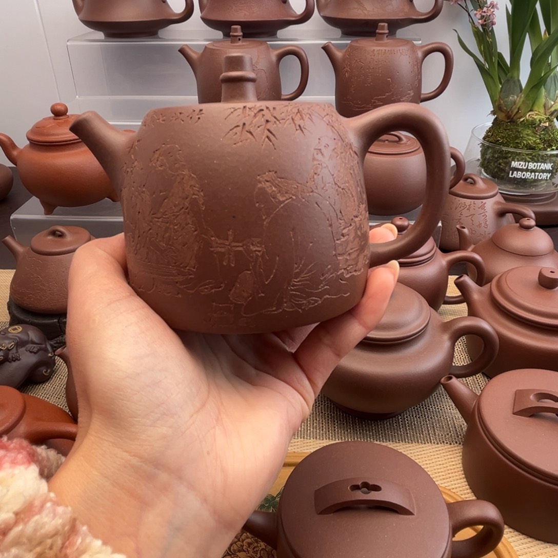 茶壶紫砂底槽清汉铎刻绘竹林七贤