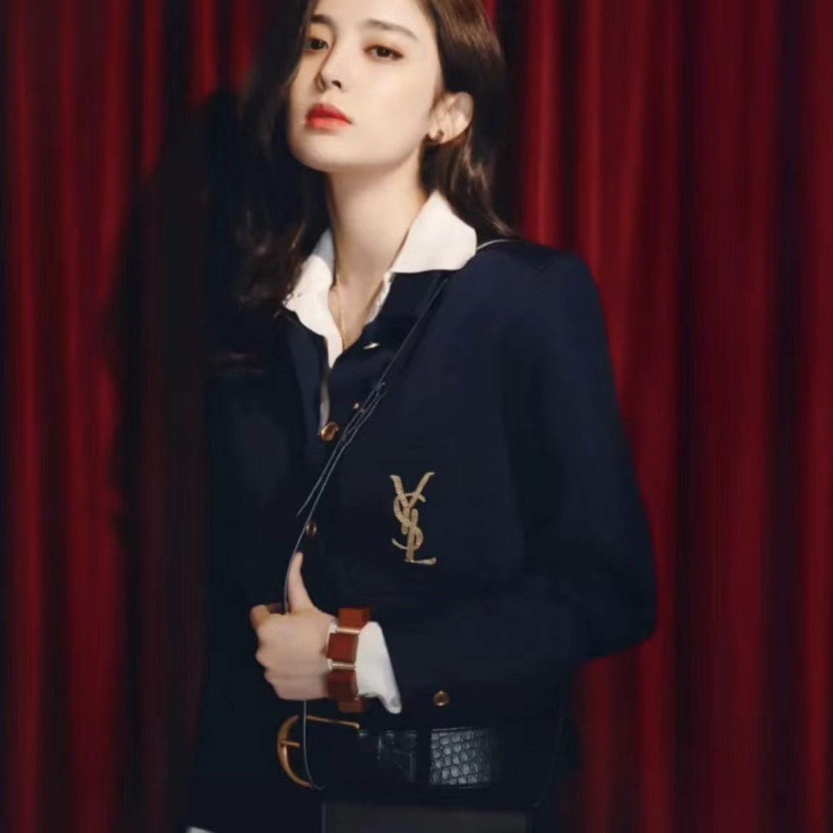 99新 YSL/圣罗兰 金色logo海军风衬衫外套 38码 03318