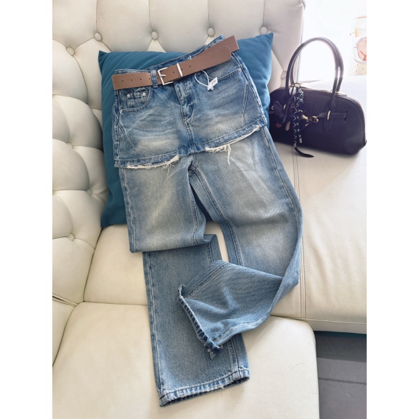 阿冉  小众设计重工水洗新款复古洋气显瘦窄窄裤牛仔裤