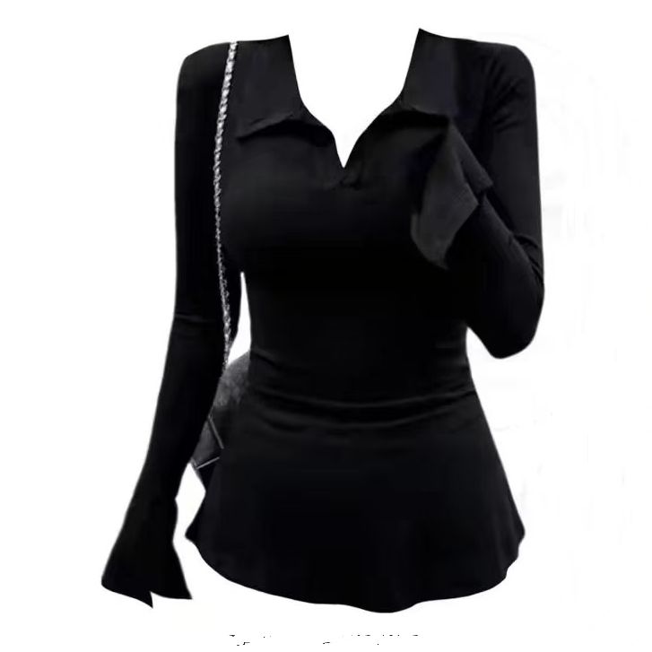 阿遥家【浮华旧梦】垫肩喇叭袖polo领长袖上衣打底