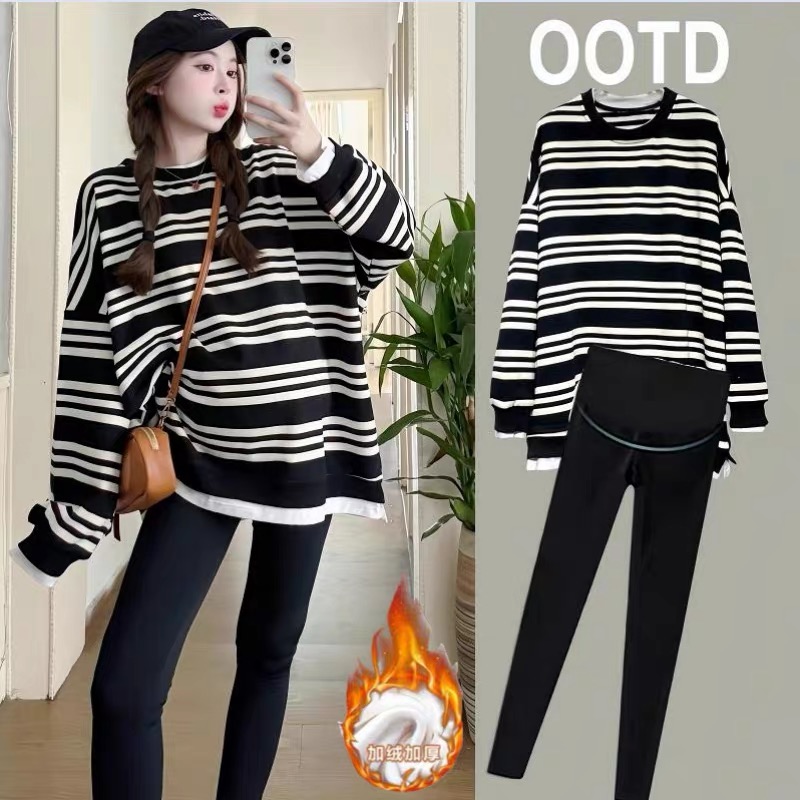 孕妇装秋冬卫衣 2025新款韩版宽松加绒中长款条纹上衣