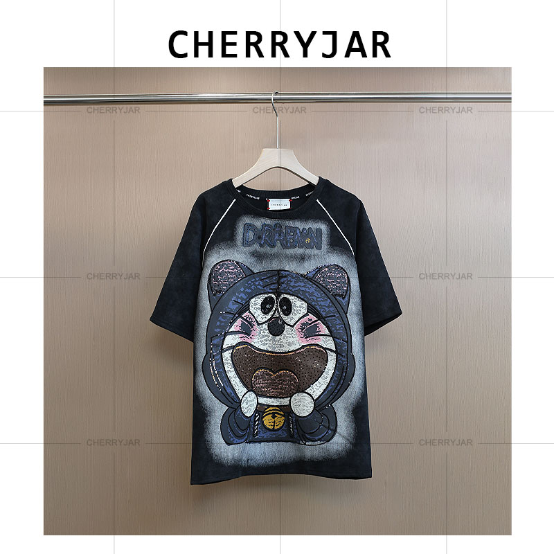Cherryjar【251031】美式卡通叮当猫亮片点缀双面印花做旧短袖