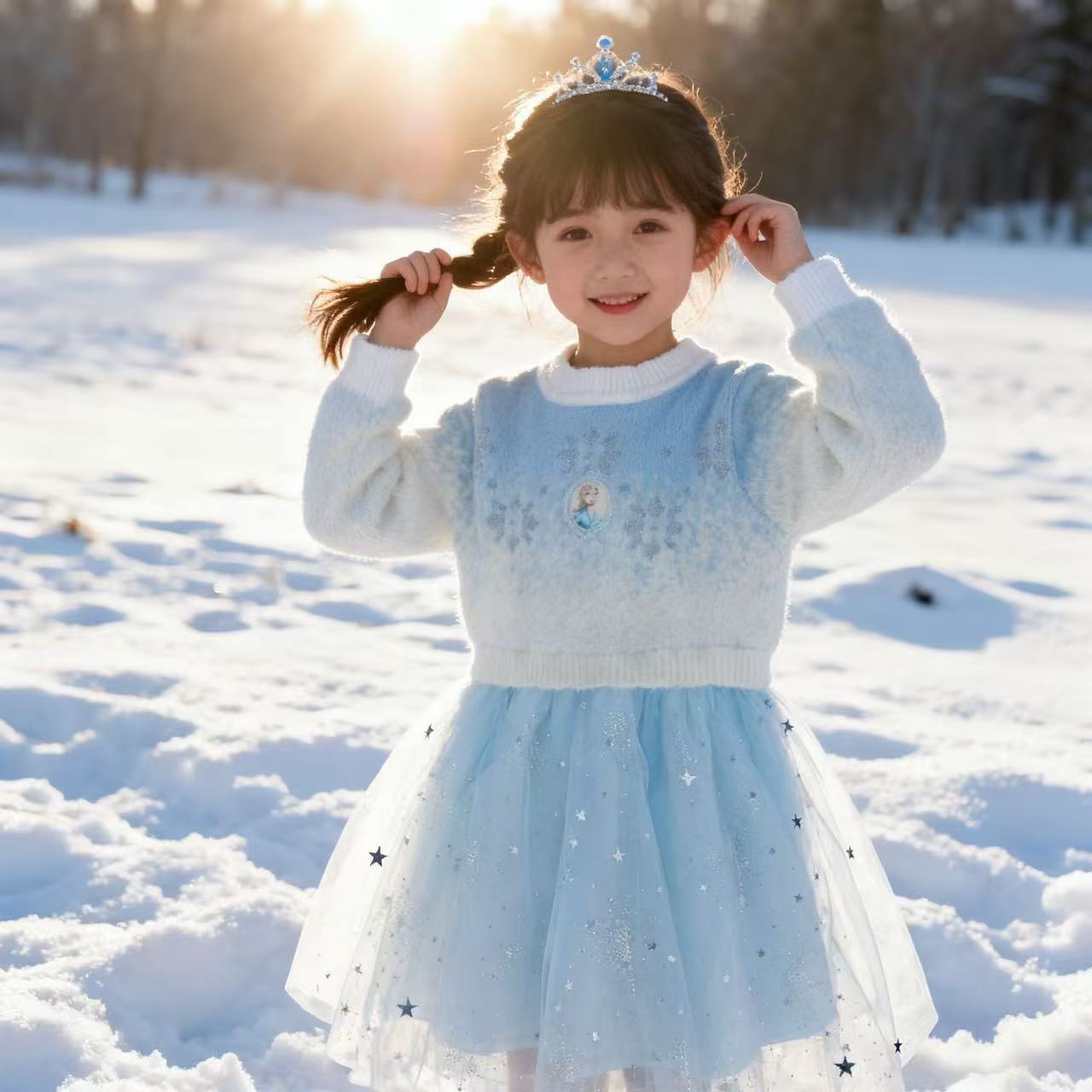 H25292儿童连衣裙蓝色毛衣裙洋气冬季女童裙子毛衣裙