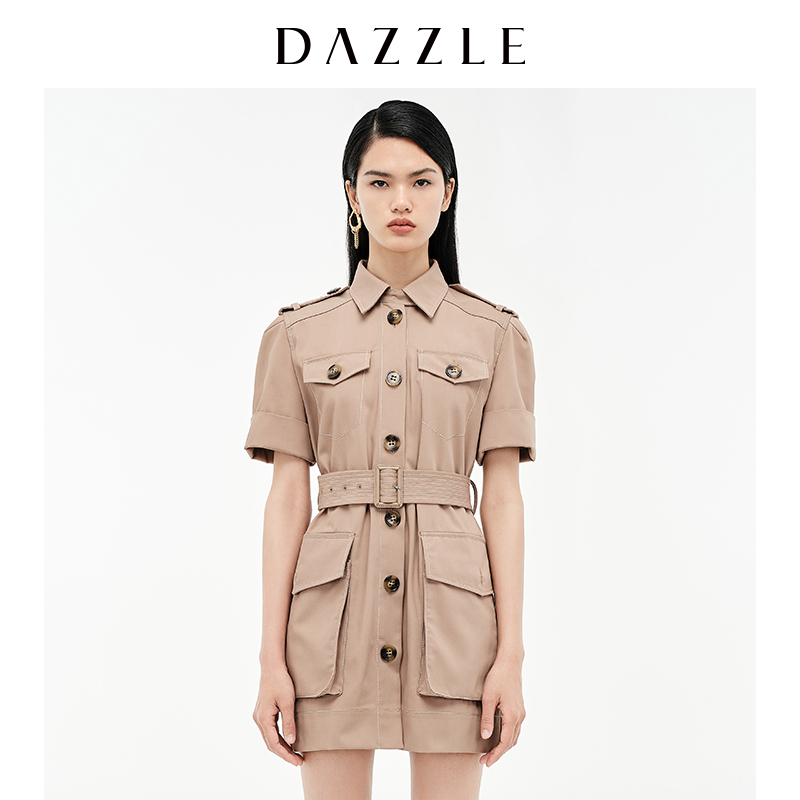 【赵老板专属】DAZZLE地素卡其色工装风系带衬衫连衣裙女2D3O421