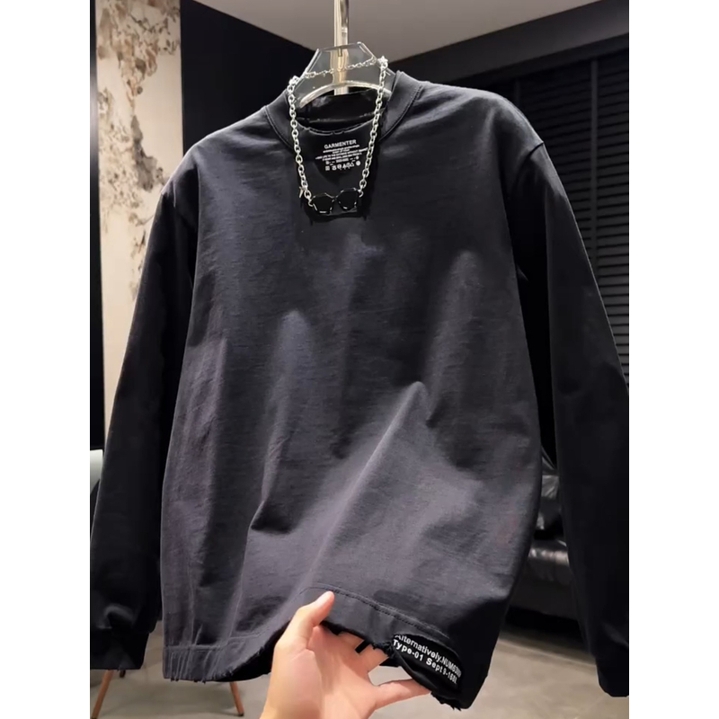 2025男士秋季新款小字母印花卫衣圆领破洞长袖痞帅高级风上衣T恤