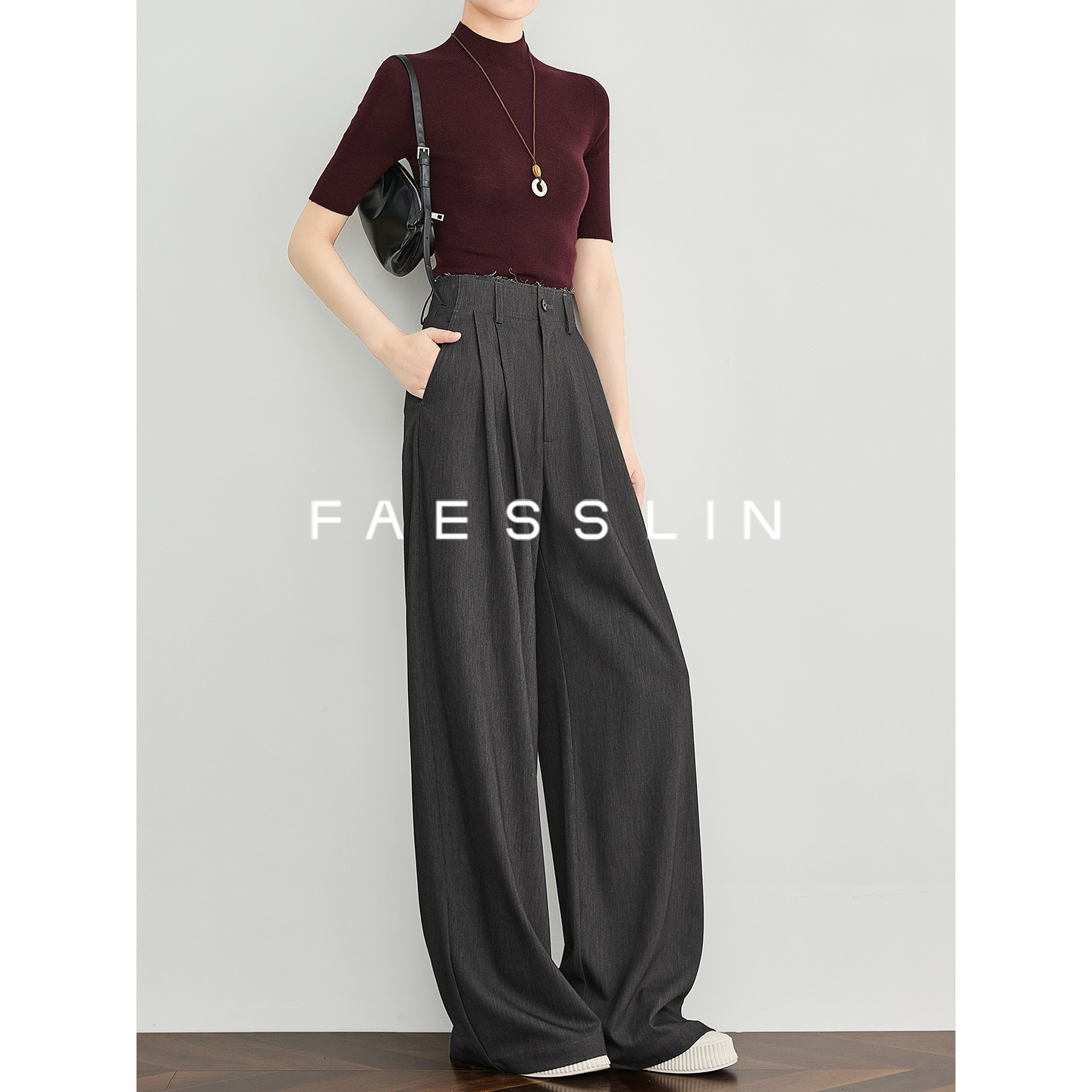 FAESSLIN【优雅重现】老钱风灰色羊毛西裤女加长醋酸阔腿裤 | 5367
