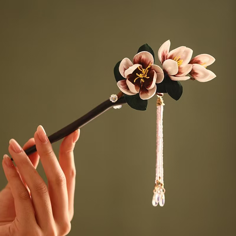 现货古风手工檀木发簪新中式清冷感簪子步摇简约盘发头饰花朵发钗