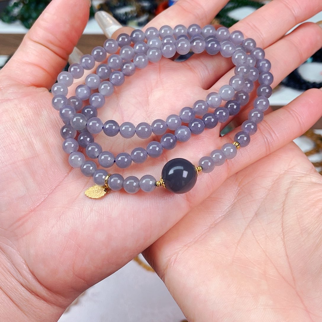 和田玉6mm紫罗兰色烟紫设计款三圈未镶嵌