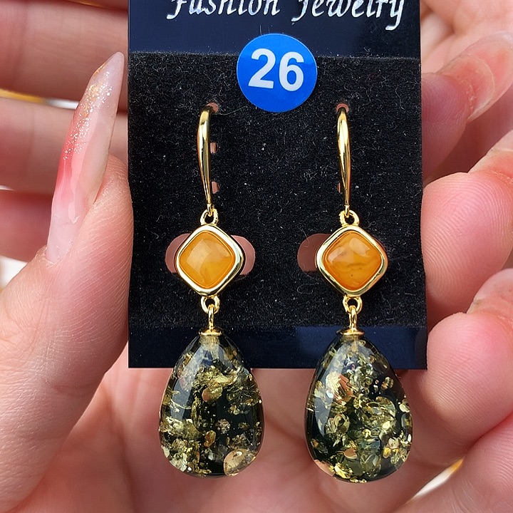 绿珀耳饰银S925镶嵌耳饰