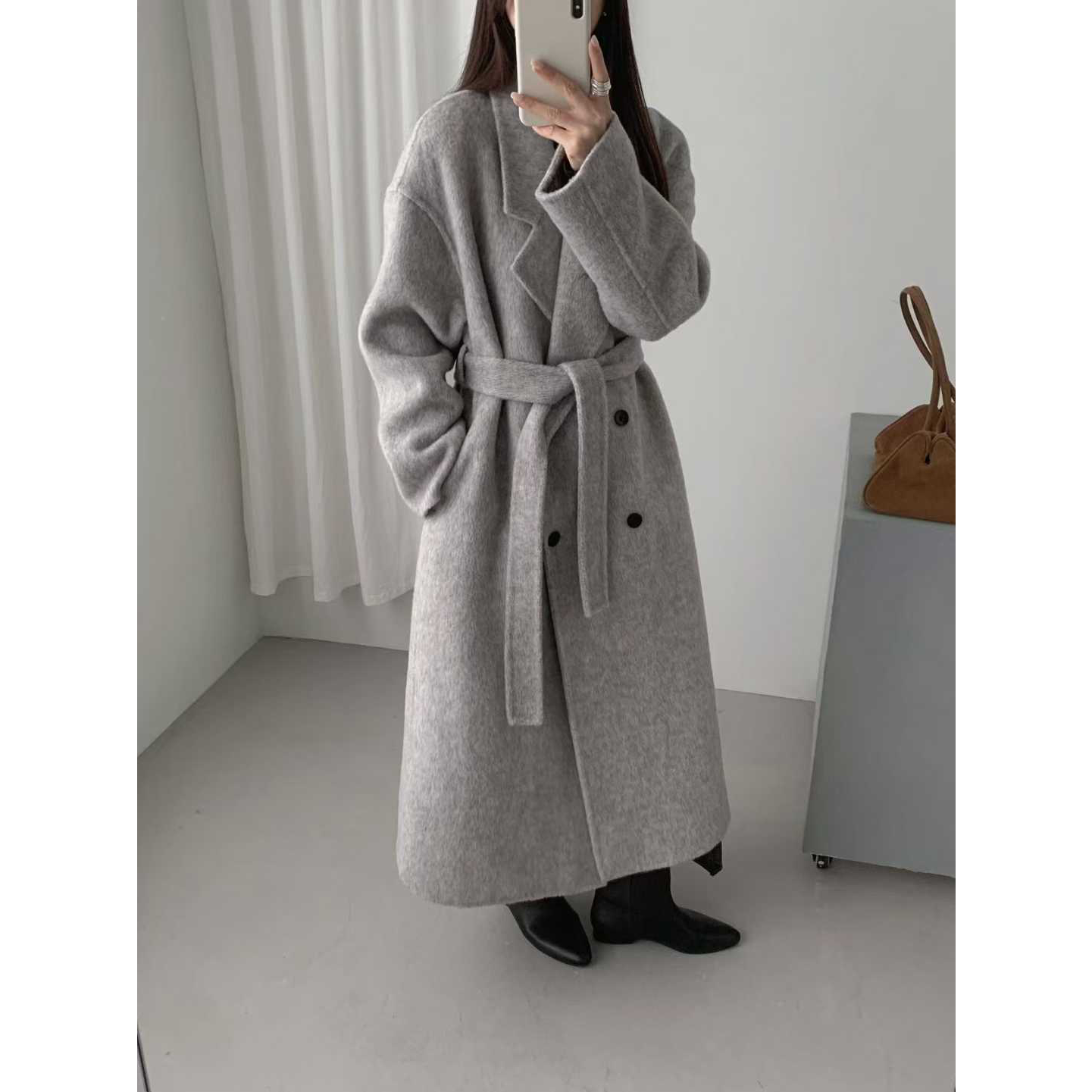 ［壹壹Y102509］韩版经典双排基础百搭好卖西装领系带收腰羊毛外套