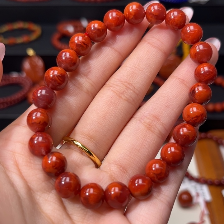 南红玛瑙未镶嵌手链精品火焰纹8.5+mm圆珠手串