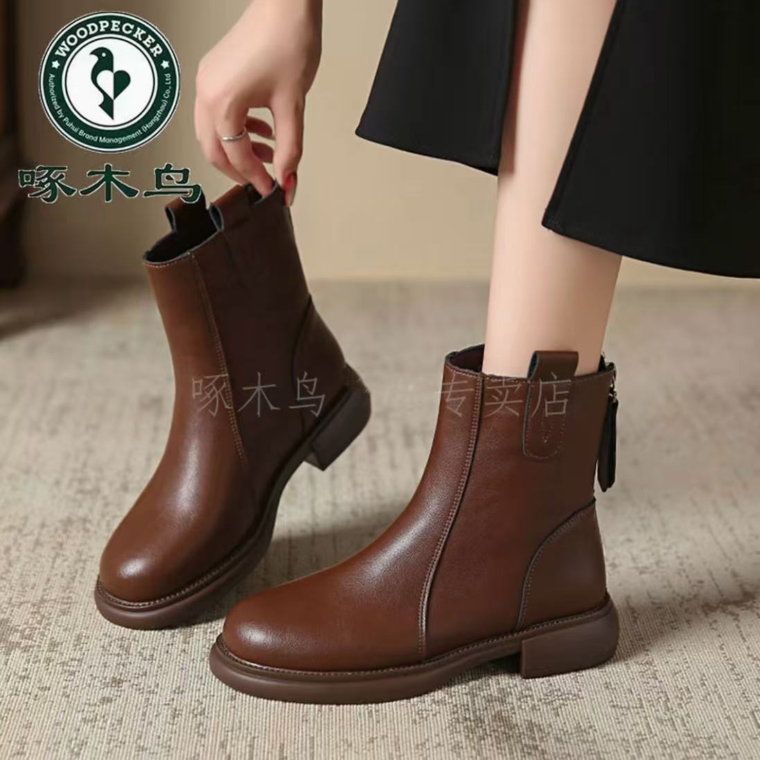 【啄木鸟品牌】品牌力荐复古加绒真软皮百搭英伦风秋冬休闲靴1937