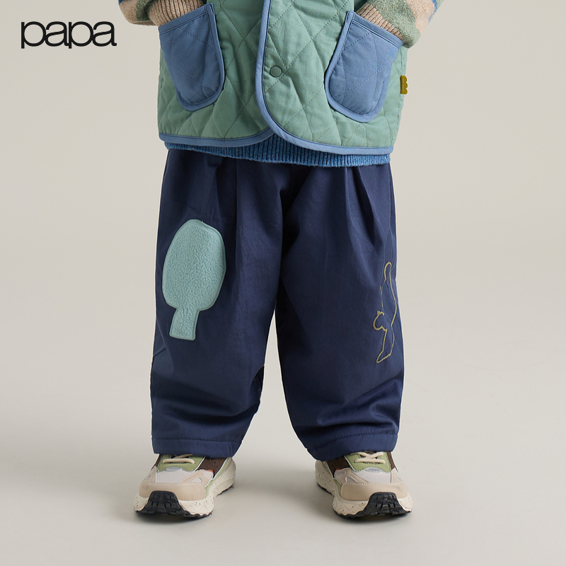 【新品】papa爬爬冬季儿童裤子男女童加绒保暖廓形舒适摇粒绒长裤
