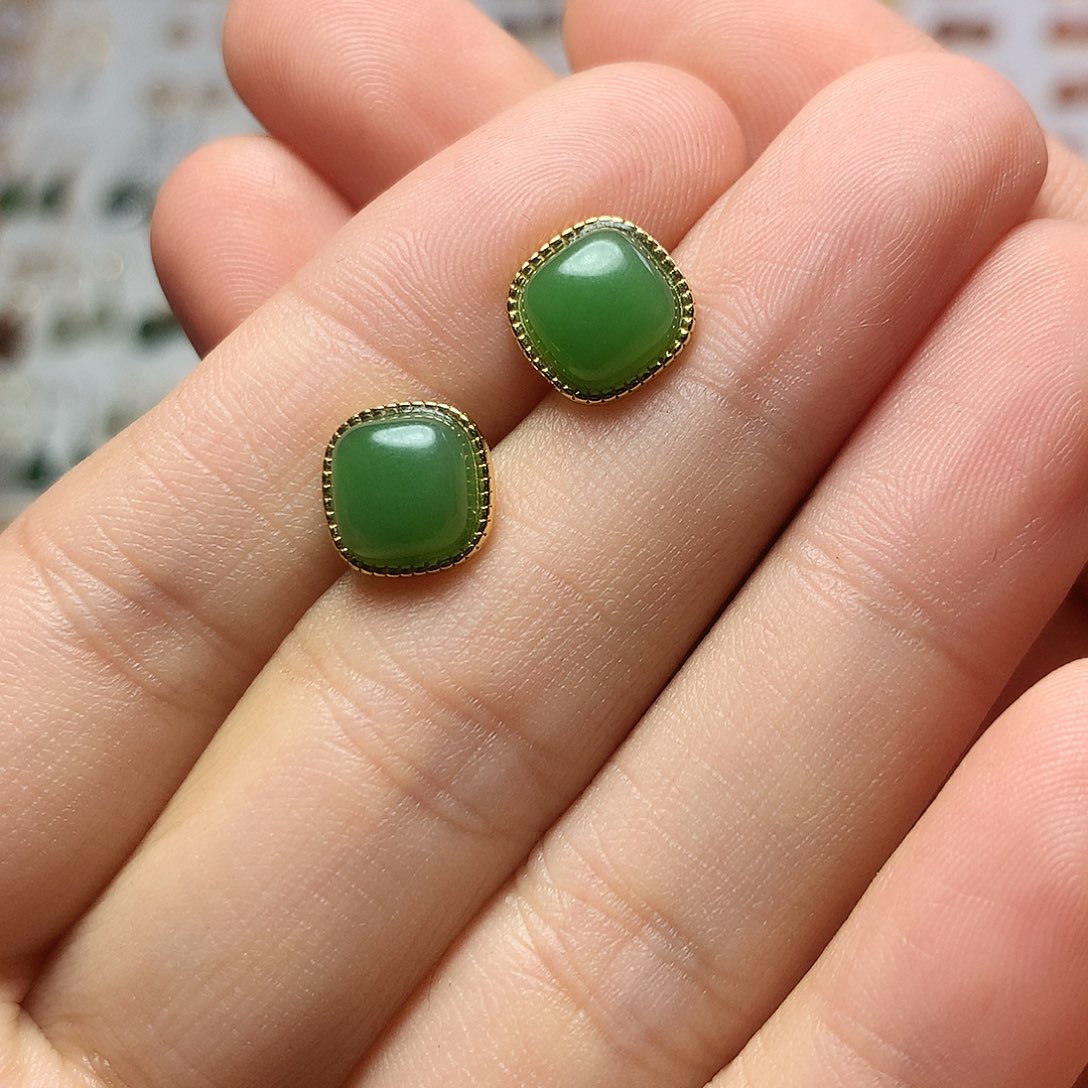 银S925镀金镶嵌和田玉（碧玉）耳饰守*