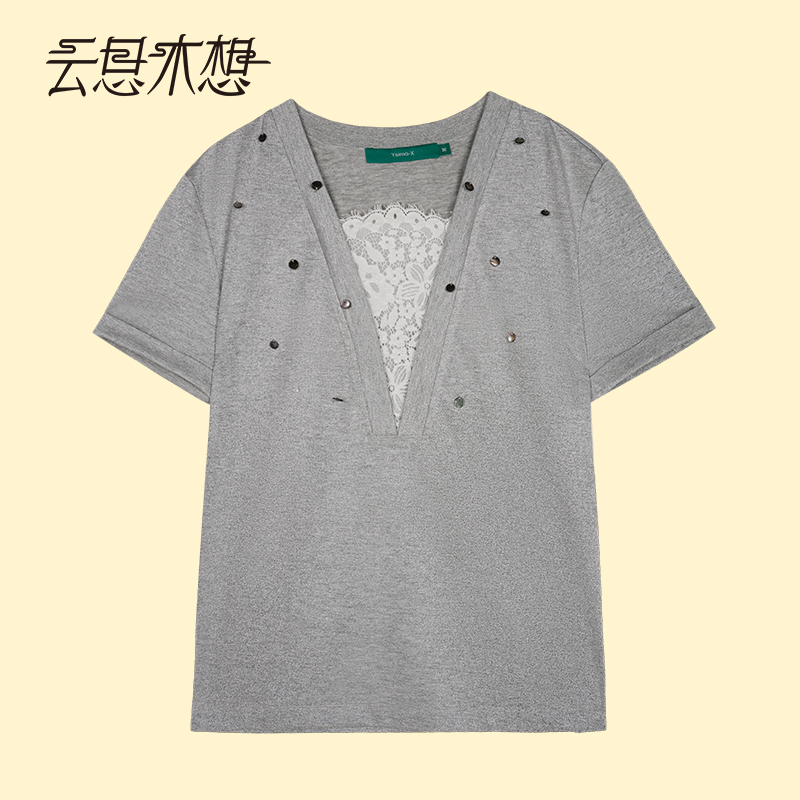 Ysimo-X云思木想 诗蕊软烟 领口拼接蕾丝假两件T恤12980