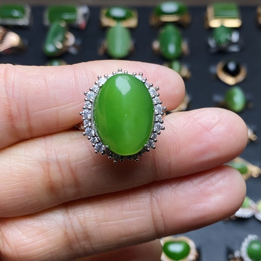 和田玉（碧玉）戒指银S925镶嵌春*