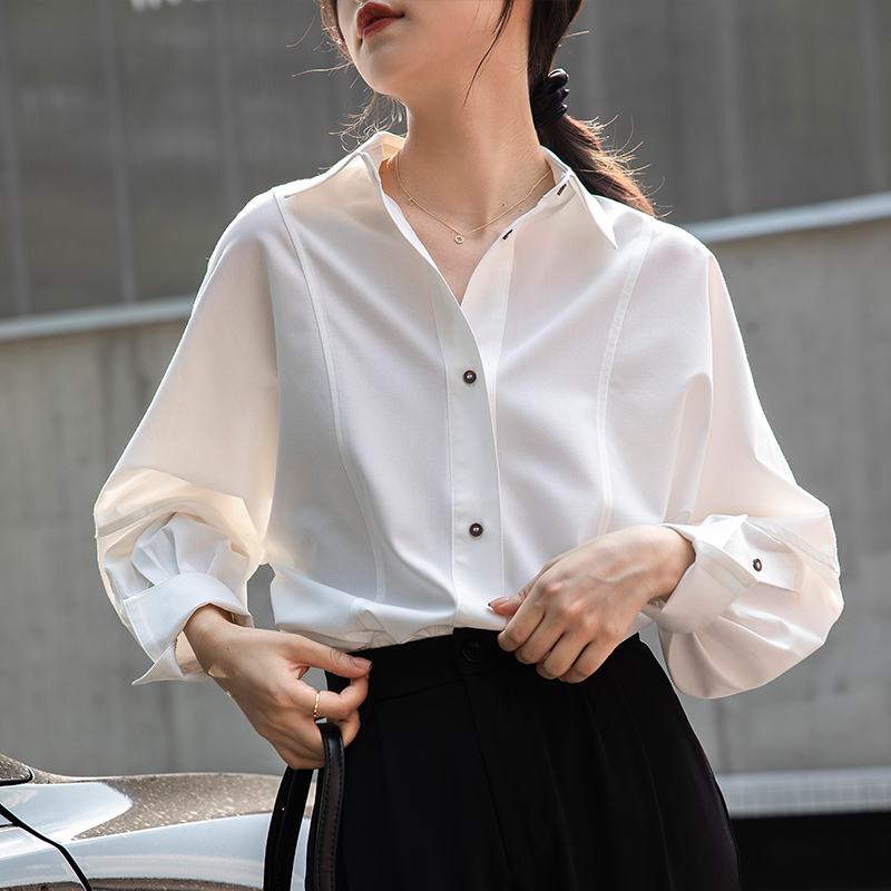 初秋韩版宽松白衬衫女长袖叠穿外穿百搭显瘦落肩袖气质衬衫7136