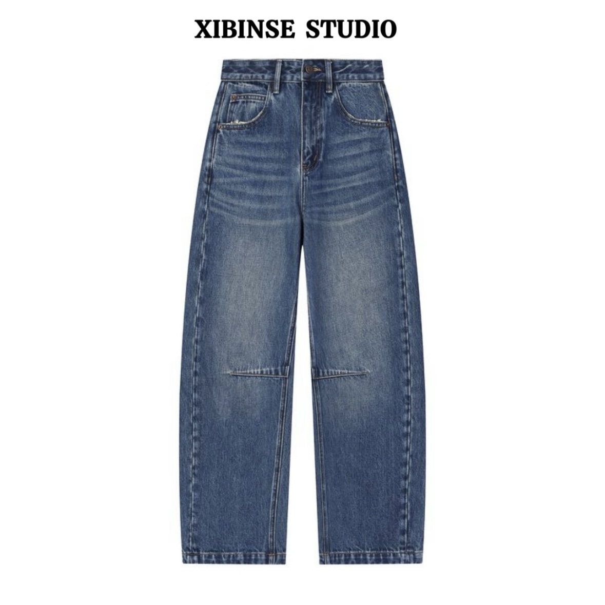 【XIBINSE】杨幂同款美式复古蓝色阔腿牛仔裤2025秋季高腰弯刀裤