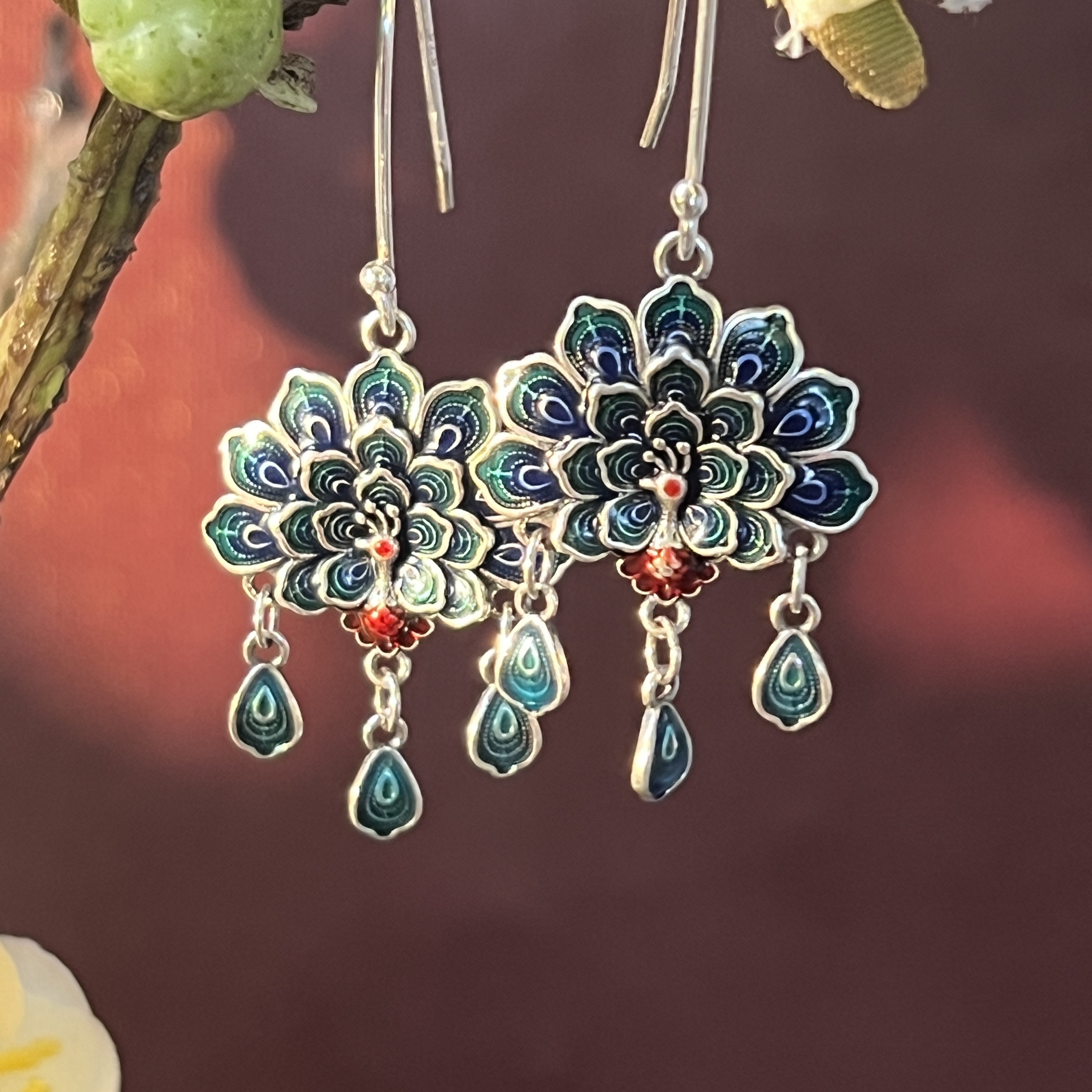 925银耳饰 【佰万银庄】S925纯银凤凰蓝色珐琅彩耳坠国风纯手工古风