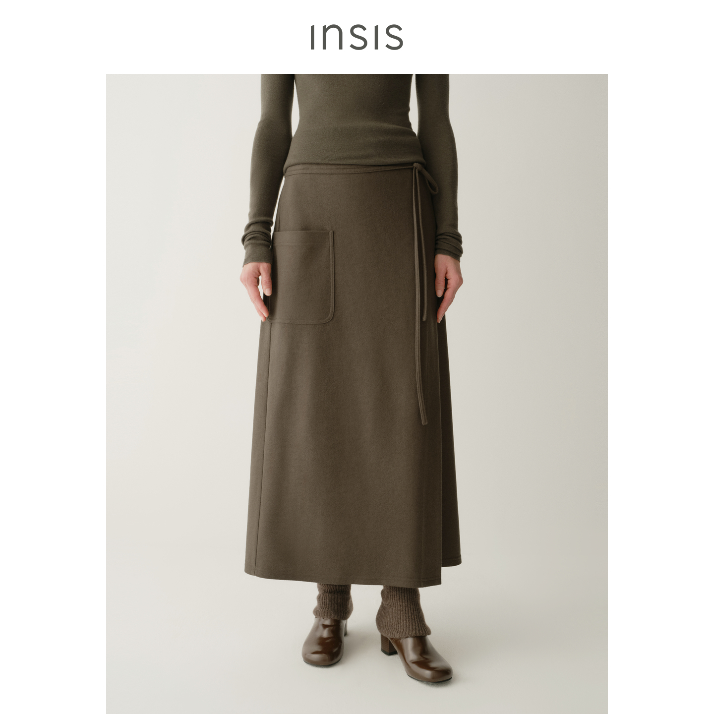INSIS FEMME美丽诺绵羊毛2025冬季新中式围裹式直身系带半身裙女