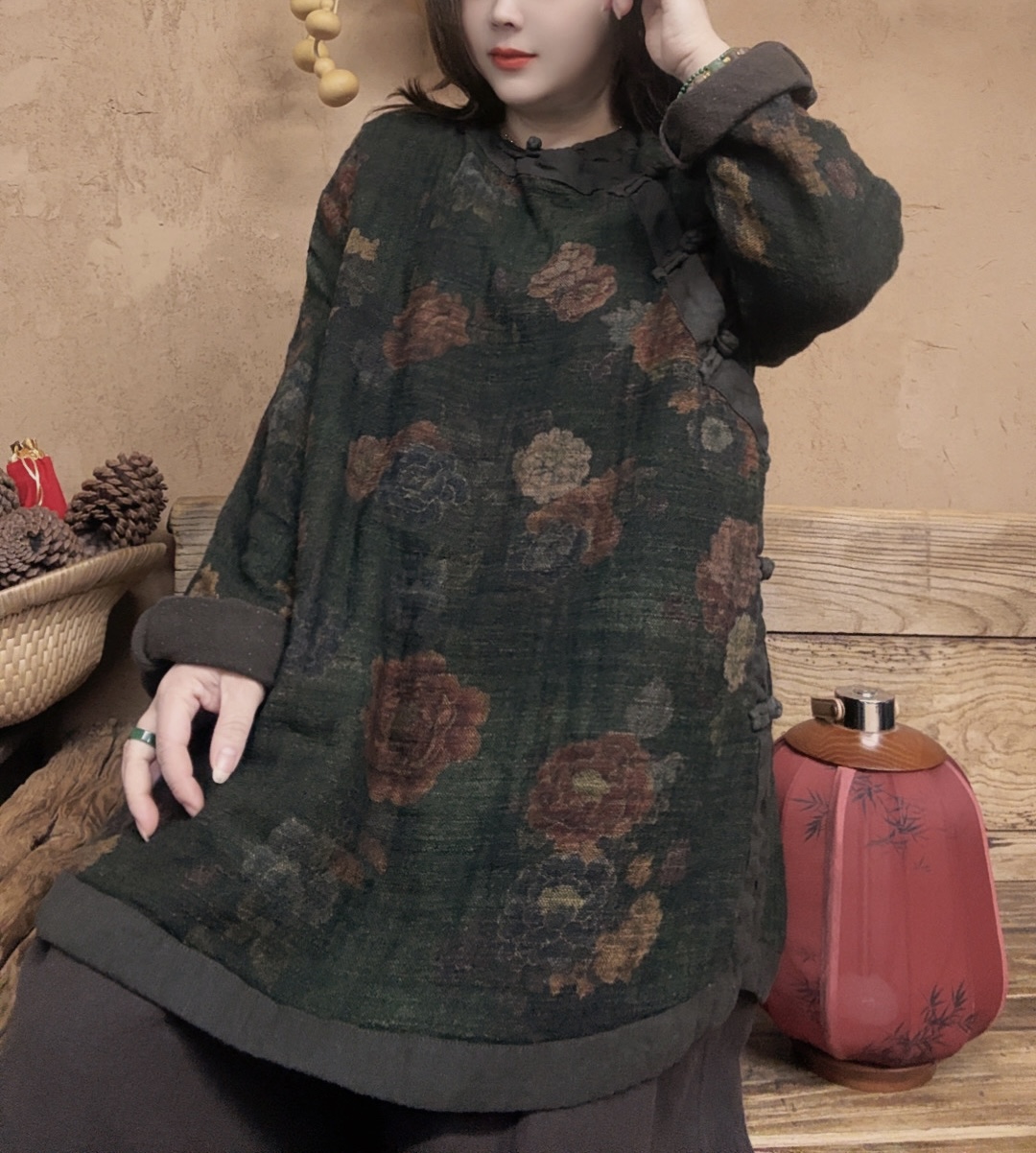 美子原创圆领常规厚款碎花套头印染上衣长袖中式（衣长75胸围130）