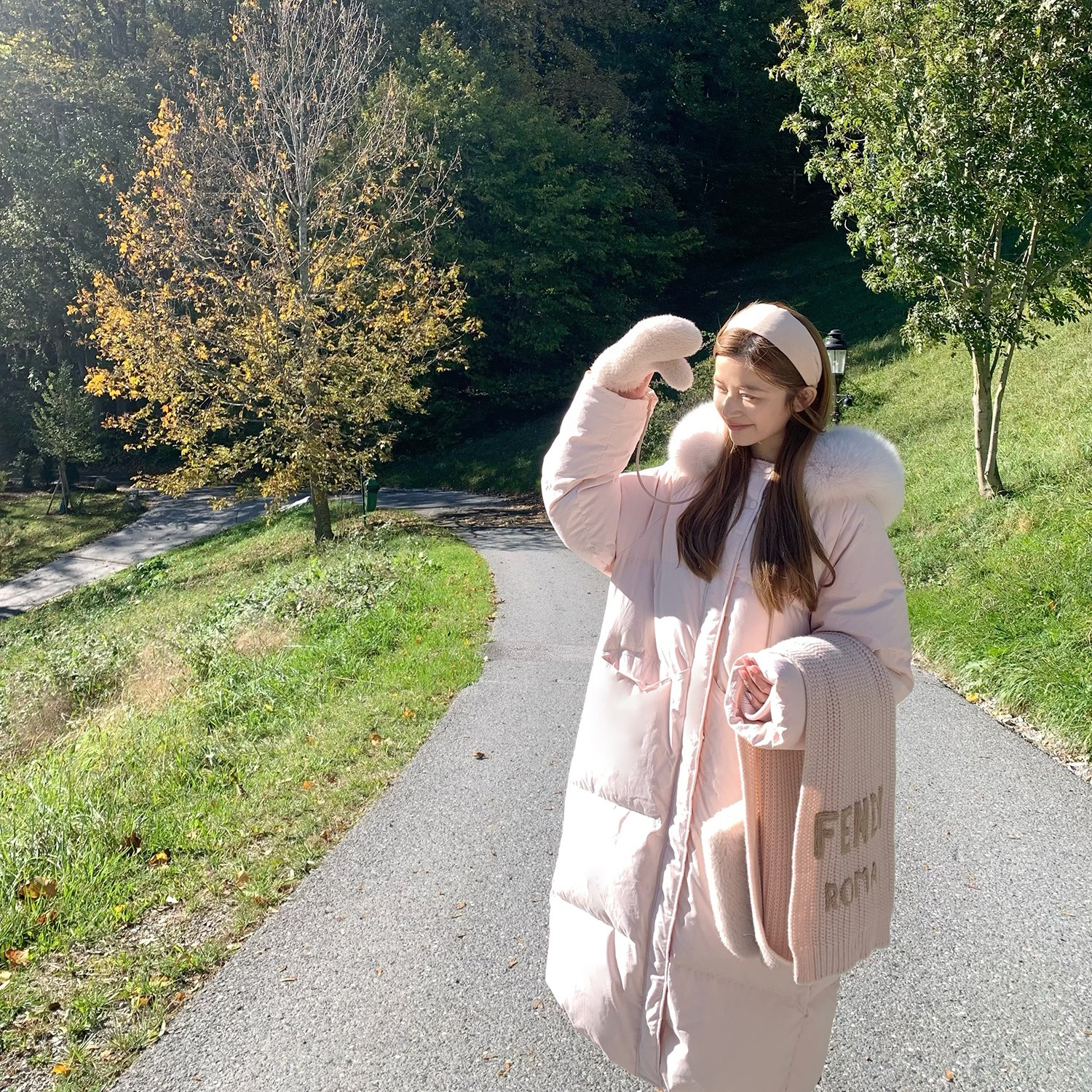 （以沫专属现货）长款厚实大毛领棉服女装粉色加厚棉衣外套