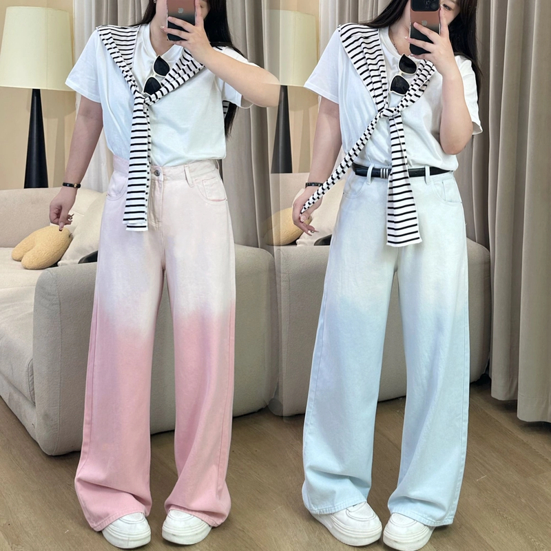 6105#清大码渐变高腰阔腿牛仔裤女宽松秋季新款高端直筒裤子女