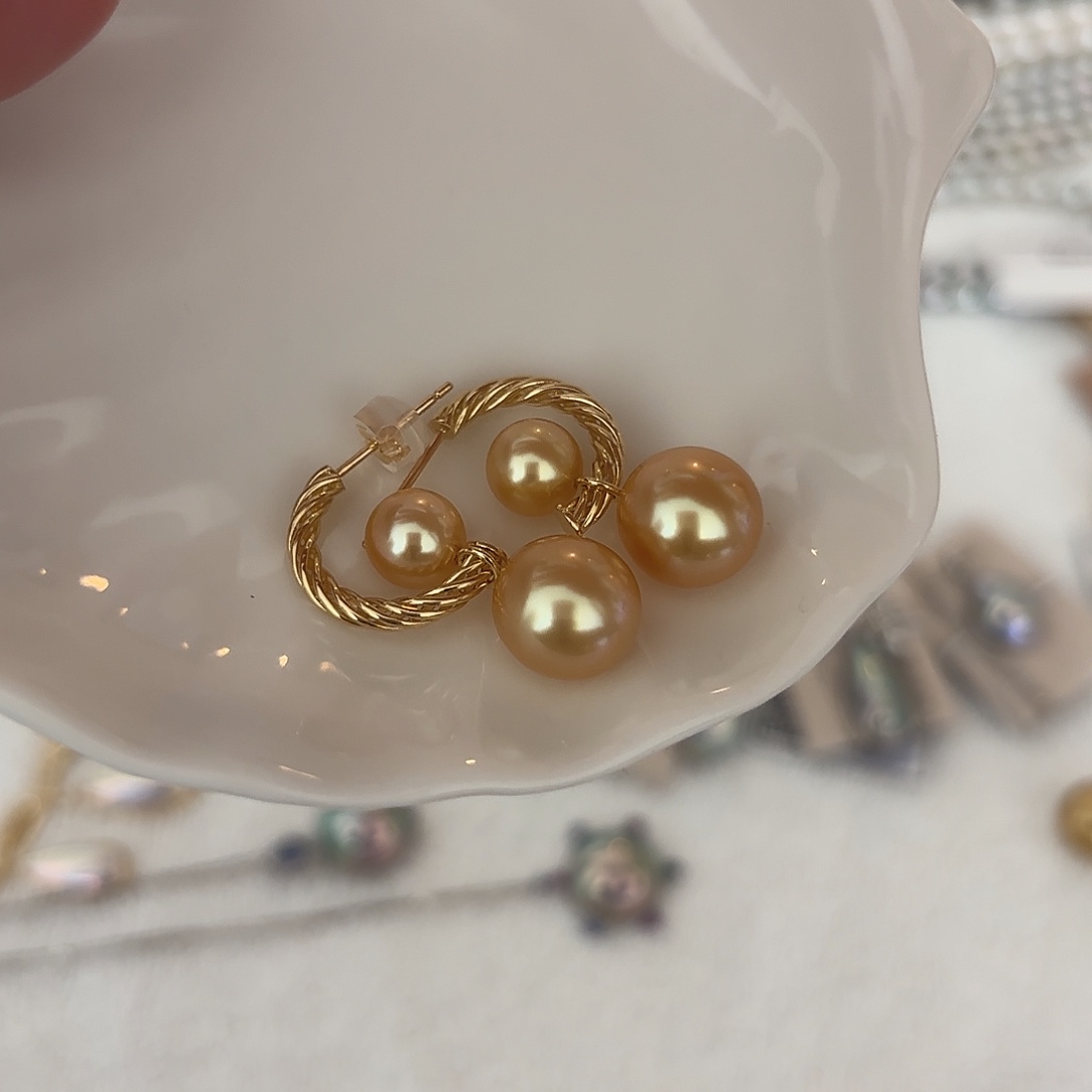 海水珍珠18K金镶嵌颈饰金珠设计款耳坠 不退不换