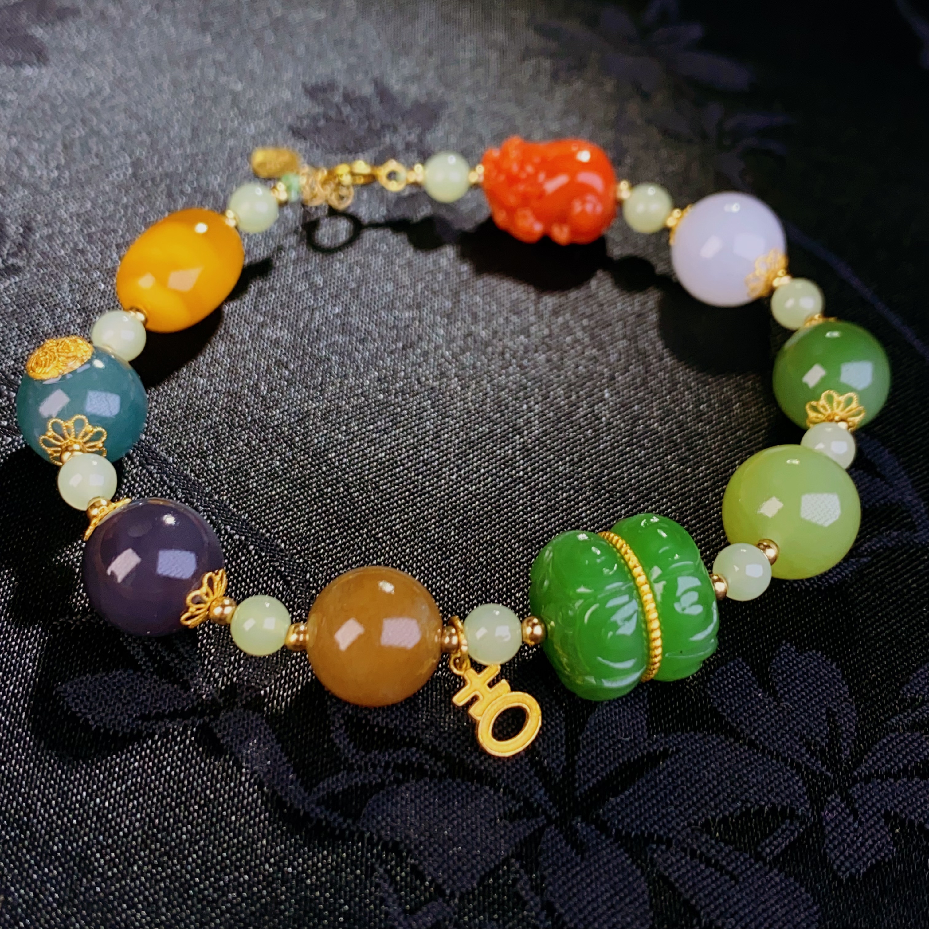 天然和田玉精品碧玉糖玉黄口烟紫白玉18K金多宝手串手链@4121108