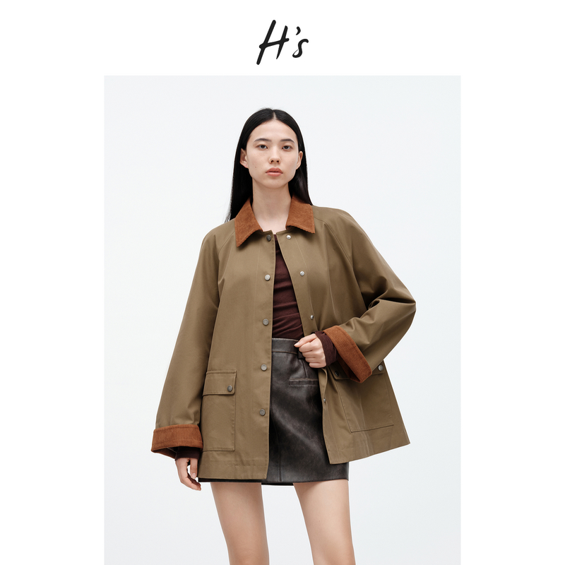 H'S短外套女25秋新款高级设计感立体廓形撞色翻领休闲夹克外衣