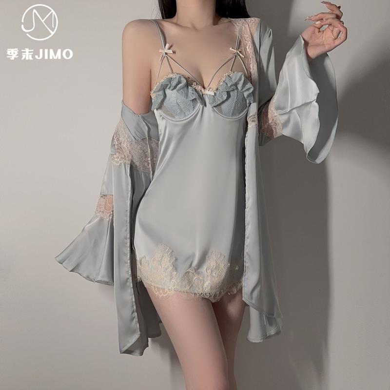 纯欲风法式宫廷风缎面蕾丝加胸垫吊带睡裙长袖性感家居服套装露背