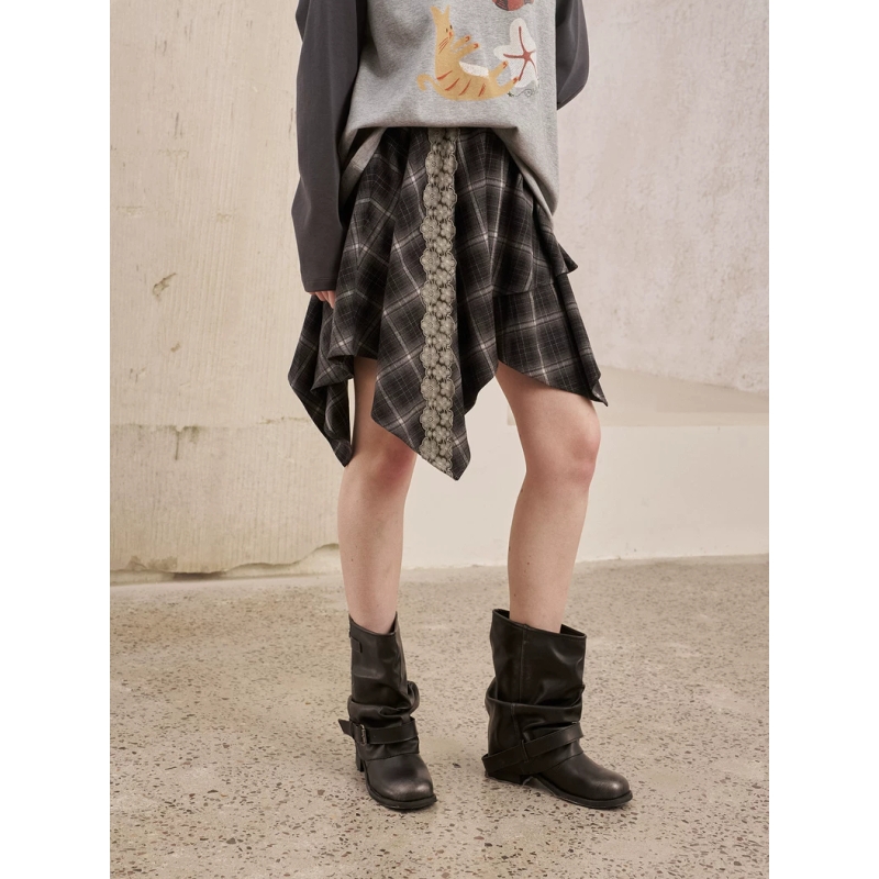 DIDDI MODA 不规则格纹蕾丝拼接短裙