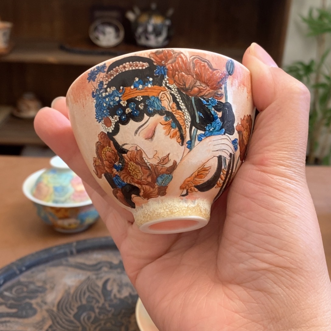 手工手绘虞美人茶杯