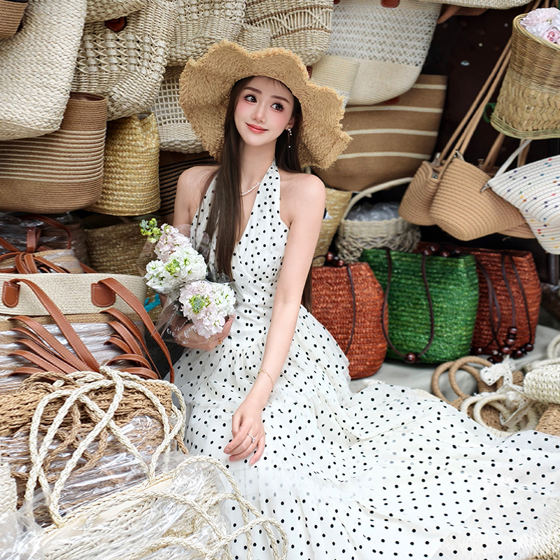 【梦露裙】纯欲风经典挂脖长裙气质波点无袖大摆连衣裙27021