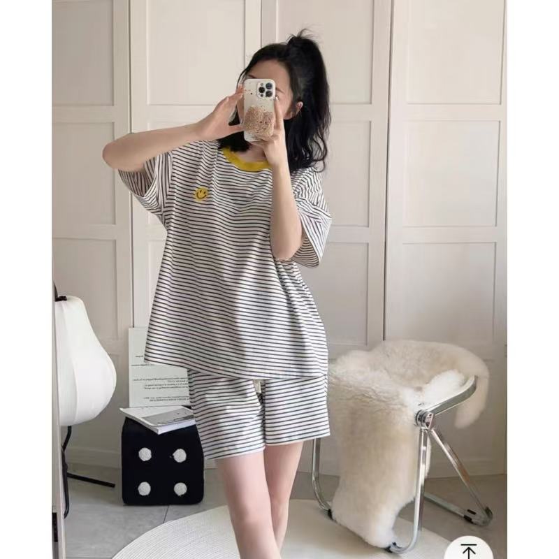 睡衣女夏款纯棉短袖短裤韩版休闲可外穿家居服套装（黄色笑脸）