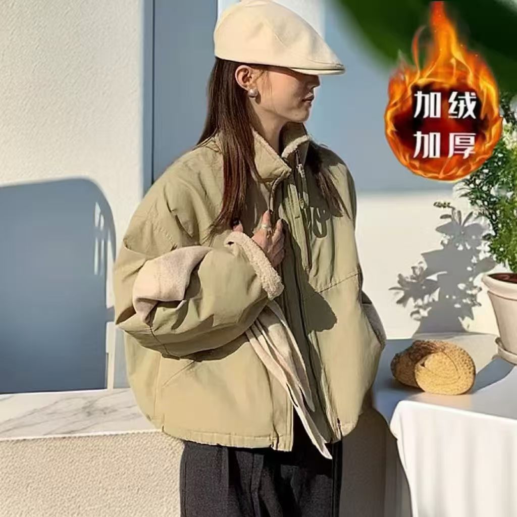 776短款2025仿羊羔毛双拉锁接派克服女小个子韩版休闲宽松棉服外