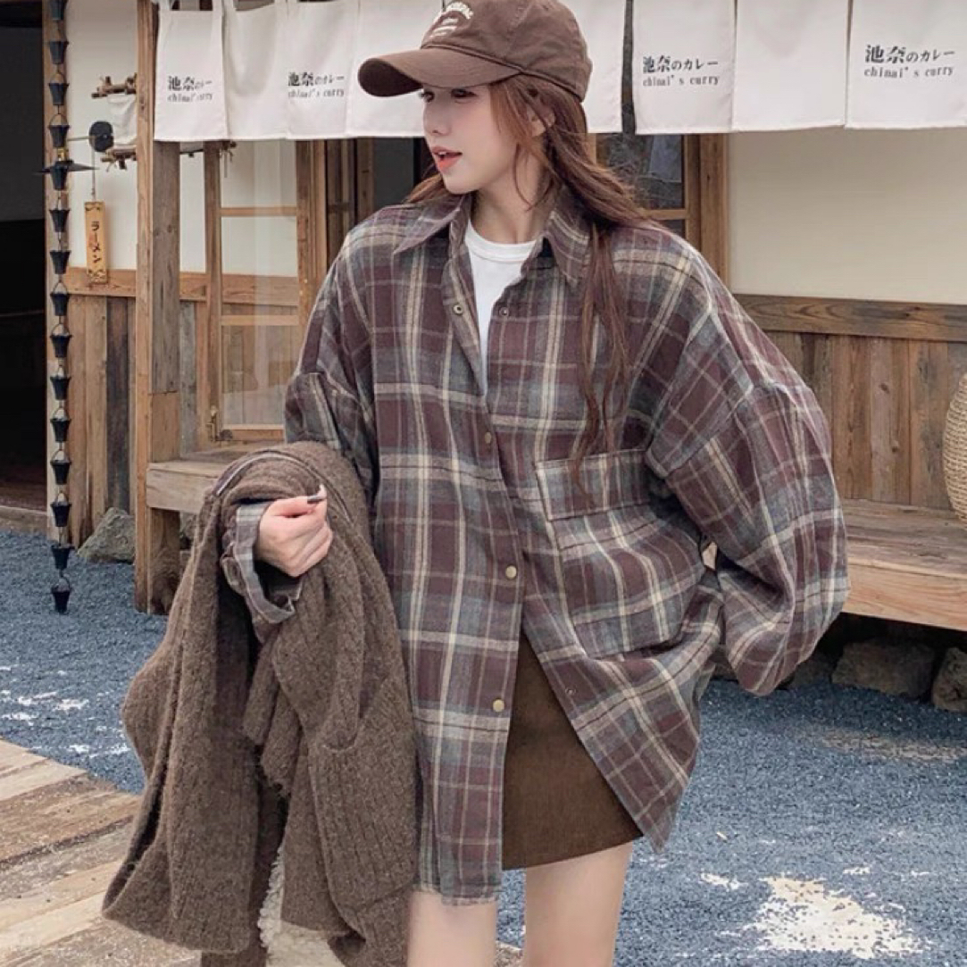 姑妈家咖色格子翻领长袖衬衫（100-300）