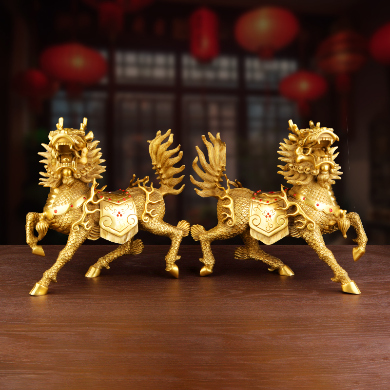 他向麒麟摆件 全铜财富麒麟一对火麒麟办公室客厅装饰品开业乔迁