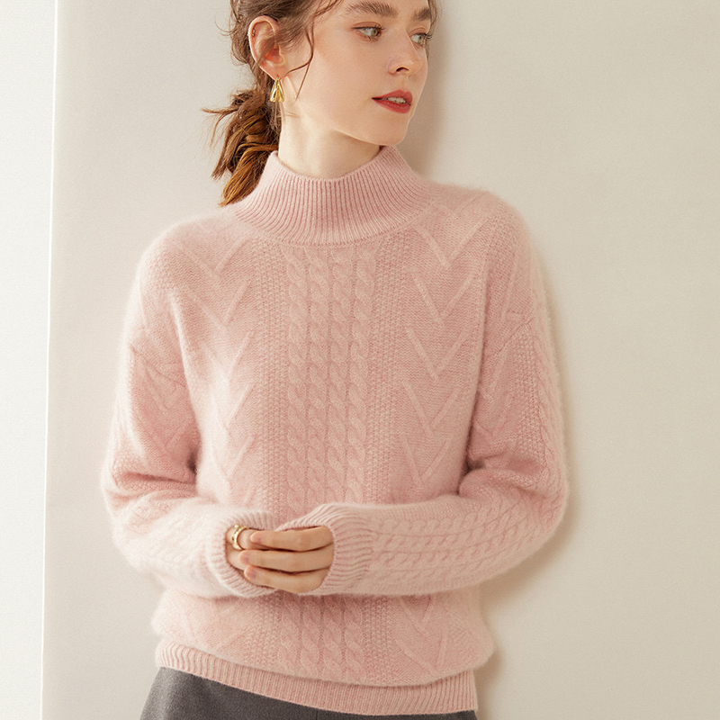 重磅加厚500克半高领绞花纯羊毛衫女麻花套头毛衣宽松针织打底衫