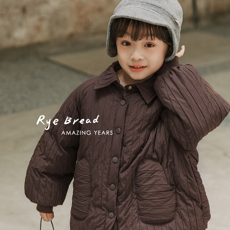 ryebread/黑面包童装 韩系男中大童纯色翻领设计棉衣外套4冬牛牛
