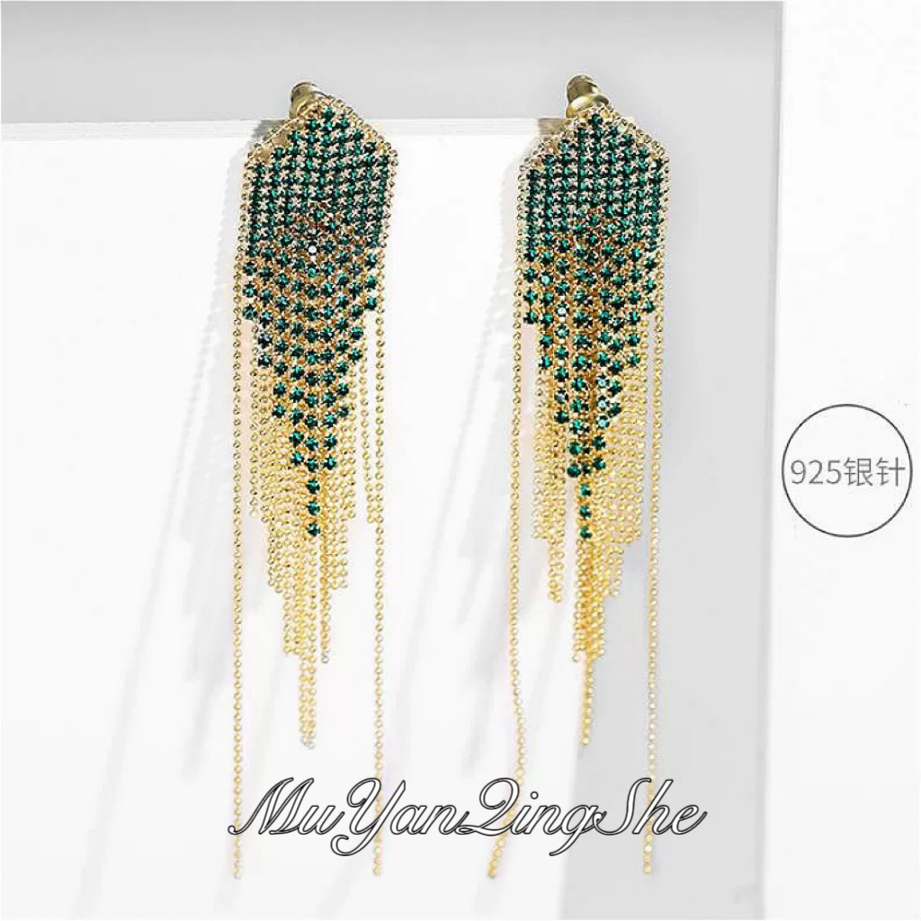 铜合金耳饰 耳环2025新款爆款高级感几何菱形流苏长款高级感耳饰