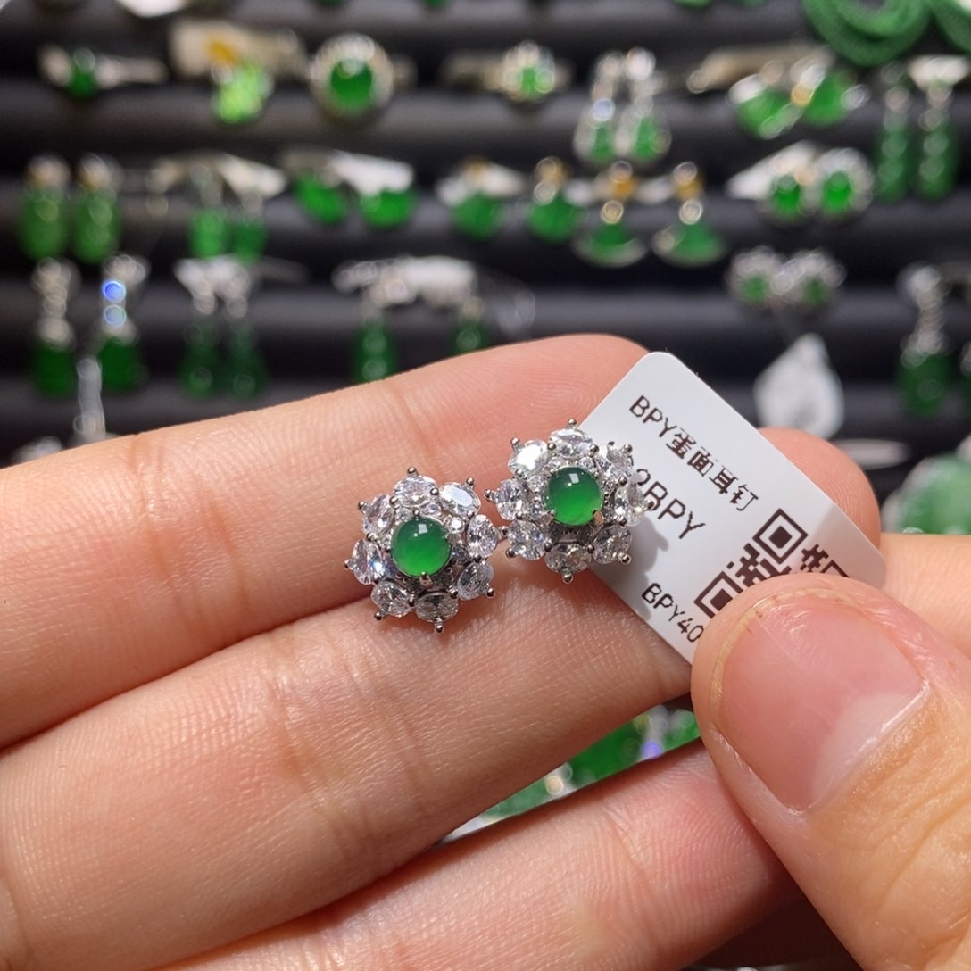 翡翠耳饰银S925镶嵌天然翡翠
