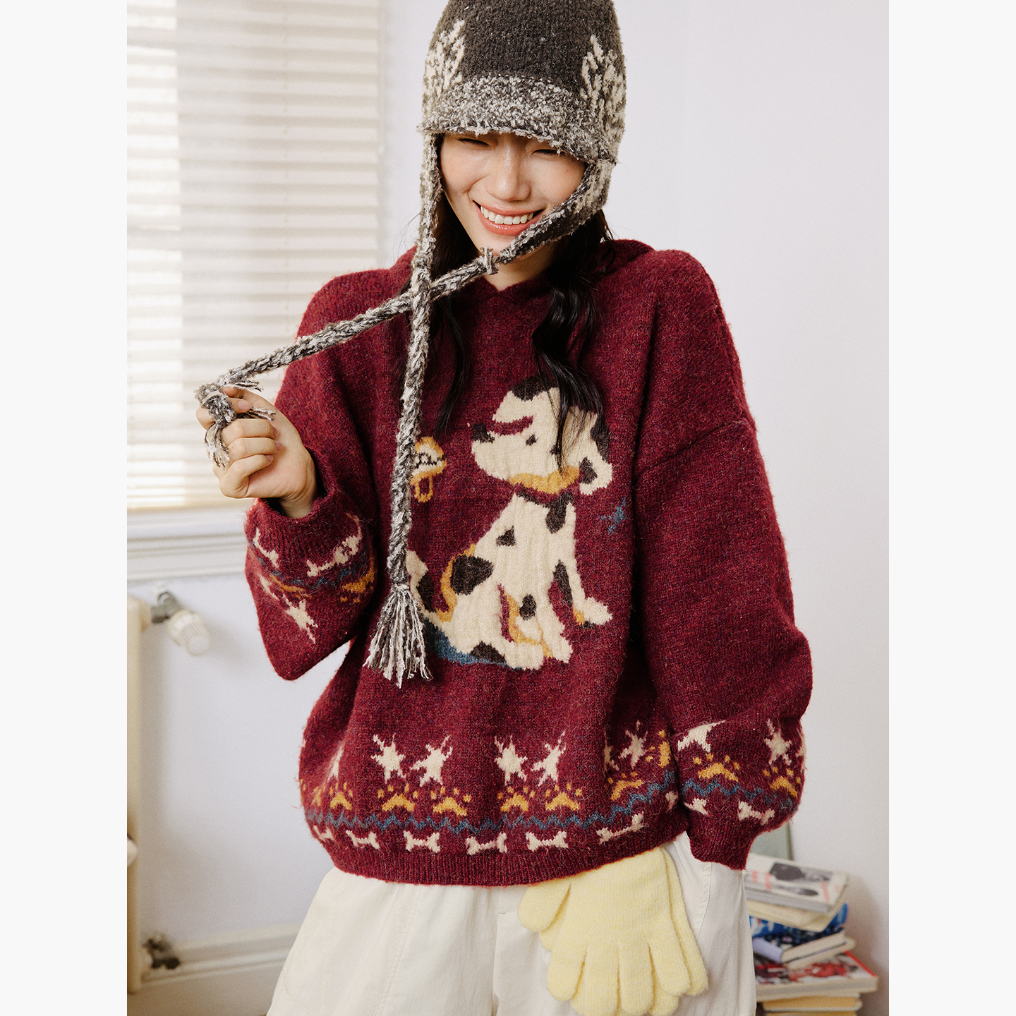 章鱼家【费尔岛风格】立体小狗提花连帽毛衣宽松型秋季octopusme