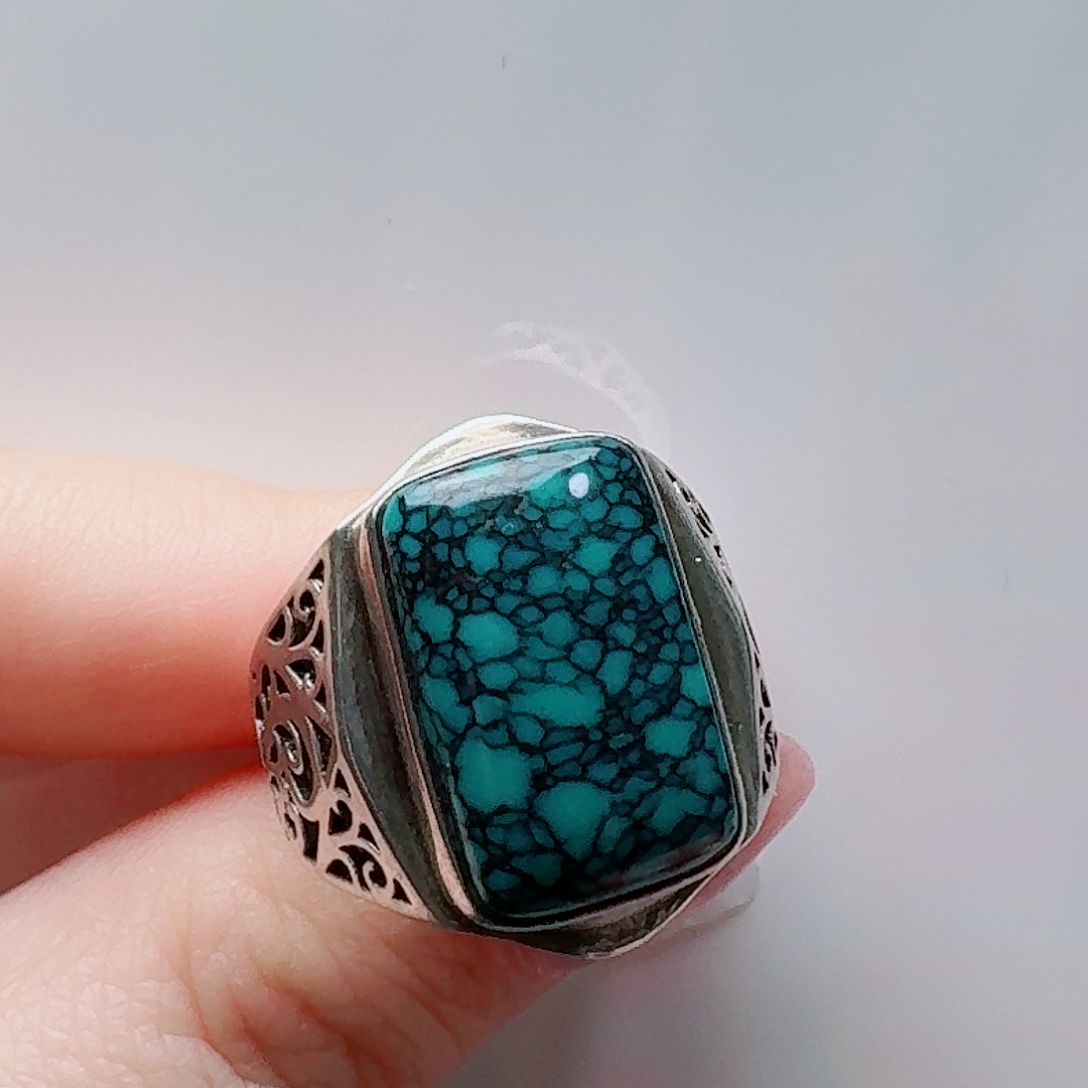 绿松石银S925镶嵌高瓷玉化绿男戒