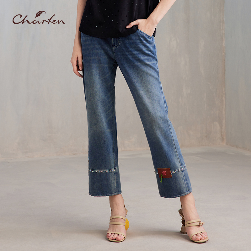 【媛媛专享】朝峰春夏季新款蓝色高腰显瘦直筒牛仔裤CFE2L167-1109P