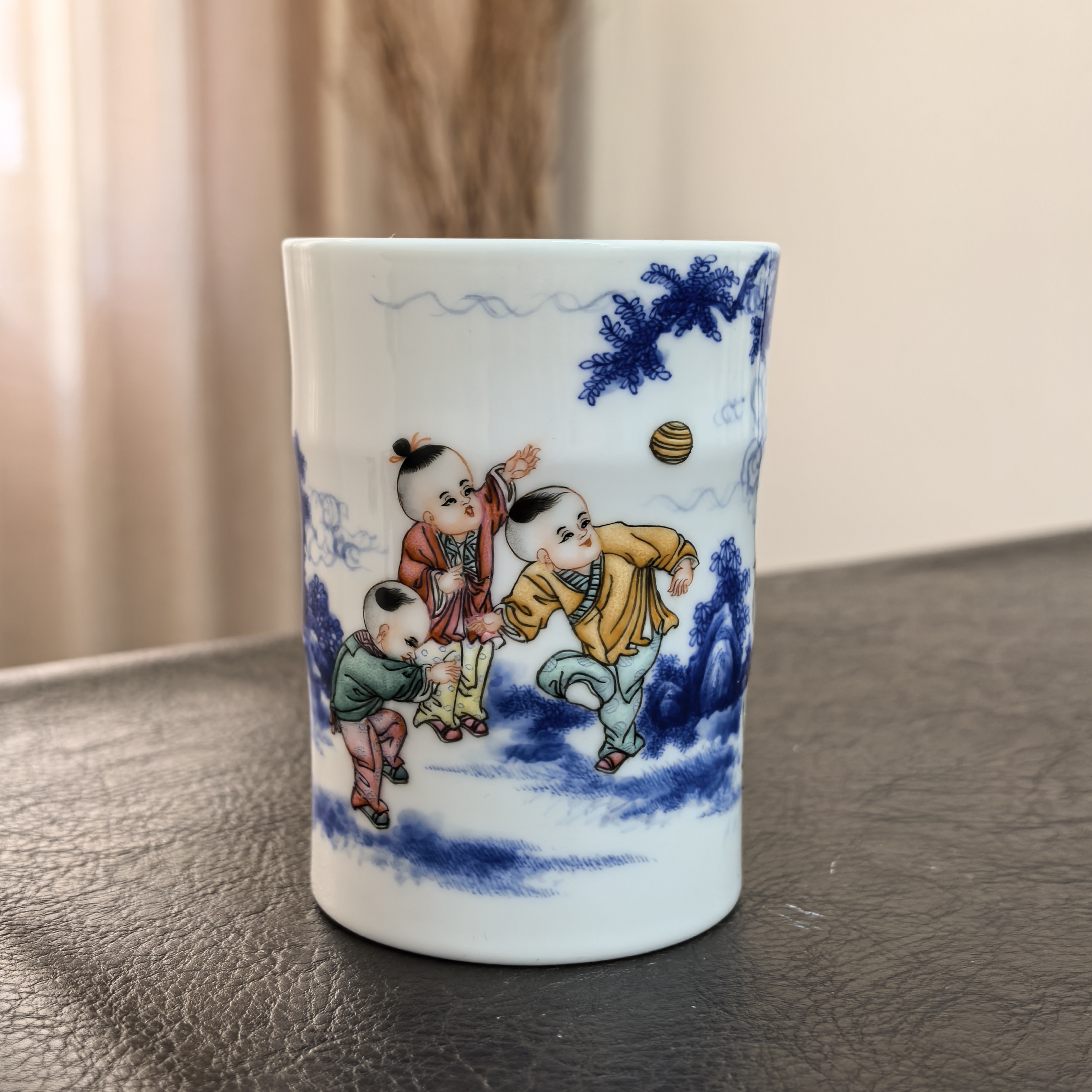 景德镇 彬情一品 王晨风手绘青花加粉彩童子童趣竹节杯茶杯主人杯
