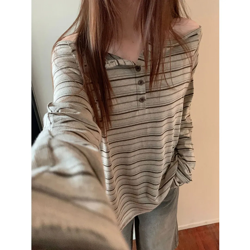 （有运险）1202-复古条纹露肩长袖T恤女秋冬新款设计感休闲宽松上衣