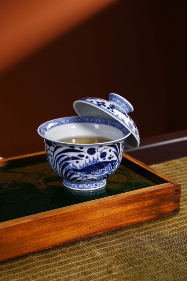 青花釉下彩鱼藻纹盖碗家用功夫茶具